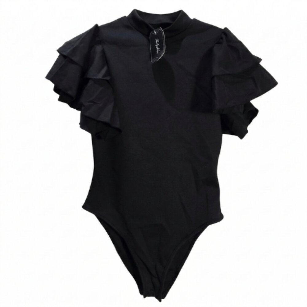 NWT | Black Mock Neck Bodysuit | Ruffle Butterfly Sleeve | Solid Front | Medium